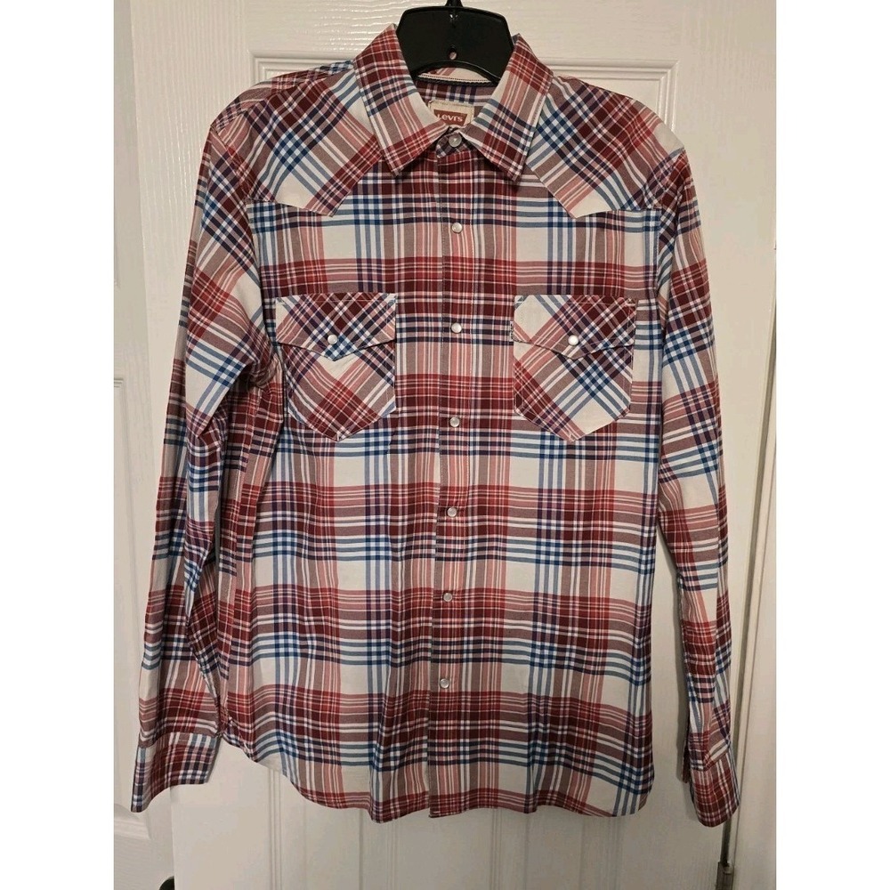 LEVIS Mens Small Red Plaid Pearl Snap Modern Button Up Western Long Sleeve Shirt